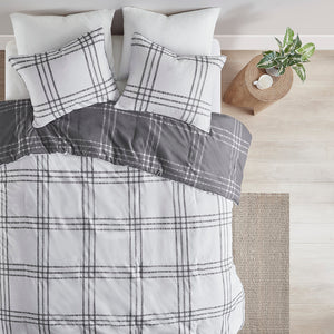 JLA Home Intelligent Design - Plaid Reversible Comforter Set with White & Gray Windowpane Plaid, Antimicrobial, Stain-Release Finish ID10-2201