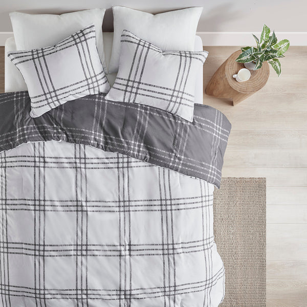JLA Home Intelligent Design - Plaid Reversible Comforter Set with White & Gray Windowpane Plaid, Antimicrobial, Stain-Release Finish ID10-2201