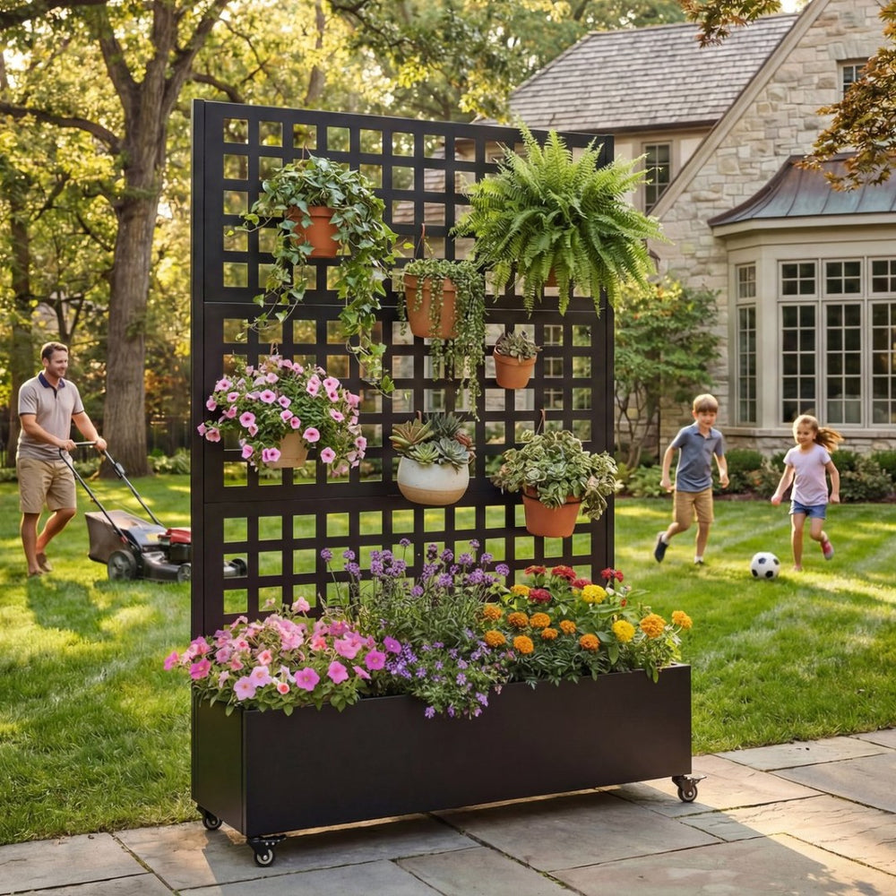 English Elm Metal Galvanized Steel Raised Planter on Wheels with Trellis for Outdoor Climbing Vines W5312P460800