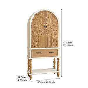 English Elm 31.50" Floral Carved Wood Accent Cabinet with Arched Doors Drawer and Shelf W3933P379106