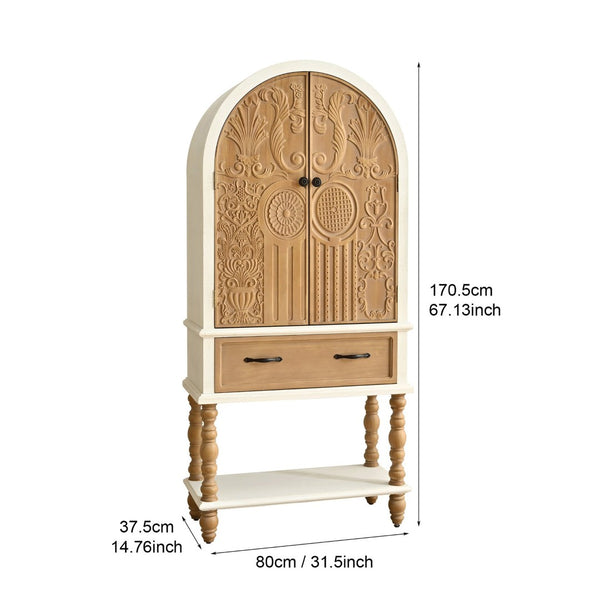English Elm 31.50" Floral Carved Wood Accent Cabinet with Arched Doors Drawer and Shelf W3933P379106