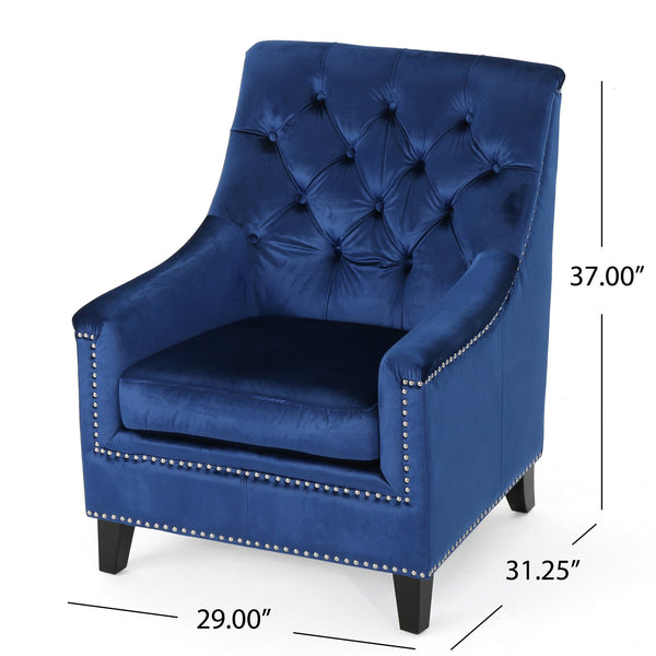 English Elm Christopher Knight Home® - Velvet Tufted Club Chair Jaclyn in Navy Blue — Luxe Tufting, Stud Trim, Plush Seat for Cozy Reading N758P278053B