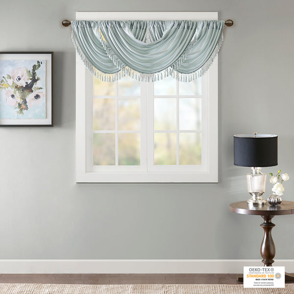 JLA Home Madison Park - Faux Silk Waterfall Valance with Tassel Trim, Lined Rod-Pocket Design for Hotel-Quality Window Styling Dusty Aqua MP41-4961