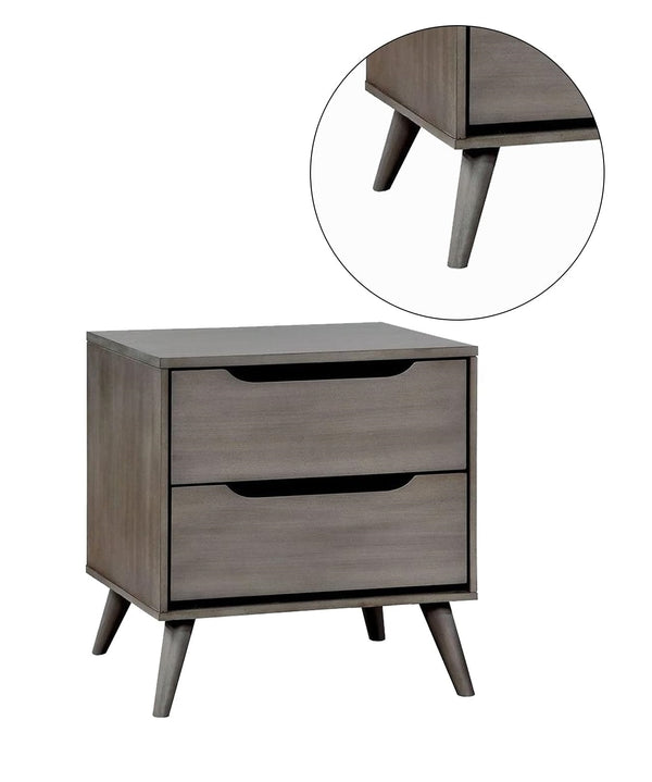 English Elm Mid-Century Nightstand with Solid Wood Construction, Tapered Round Legs, Recessed Pulls, 2-Drawer Stylish Bedside Table Gray 28 L x 21 W x 21 H B011P236772