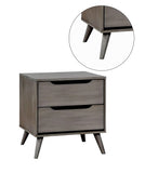 English Elm Mid-Century Modern Gray Color 1 Piece Nightstand Bedroom Furniture Solid Wood Round Tapered Legs 2-Drawers Bedside Table