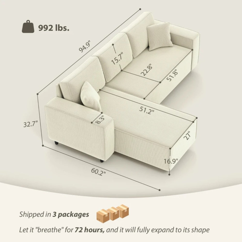 English Elm Conversation Corduroy L-shaped Sectional Sofa with Reversible Chaise for Living Rooms T3971S00153
