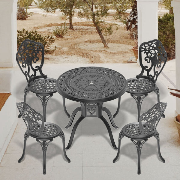 English Elm 5-Piece All-Weather Cast Aluminum Dining Set With Black Finish - Round Table & 4 Chairs Included W1710S00212
