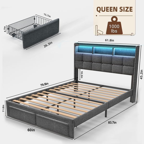 English Elm Queen LED Bed Frame with Linen Headboard, 2 Drawers, Fast Charging Ports, Remote RGB Nightlight W1550P190362