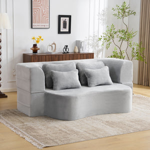 English Elm Queen Plush Floor Sofa Futon with 4 Pillows — Modern Foam Folding Couch Mattress for Living Room Guest Bedroom LIGHT GREY W3612P336072
