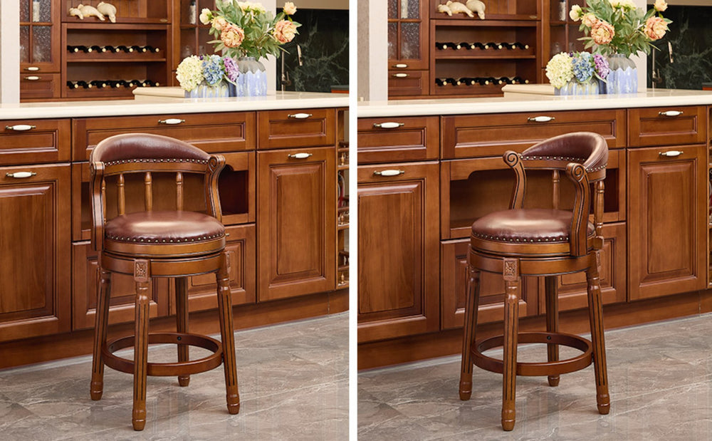 English Elm Seat 26.5" Cowtop Leather Swivel Bar Stool - Wooden Chair With Back For Home, Kitchen & Pub Use W2195P331495-GIGA