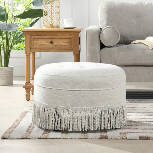 English Elm Jennifer Taylor Home - Yolanda 24" Round Upholstered Accent Ottoman - Timeless Alabaster Tweed With Vintage Charm & Comfort B2719P238167