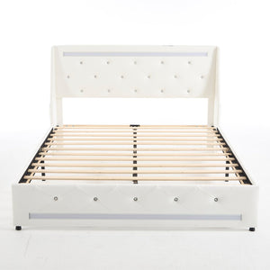 English Elm Full Platform Bed Faux Leather Diamond Tufted Headboard Led Lighting Charging Station White W5722P462371
