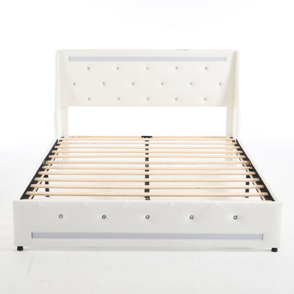 English Elm Queen Platform Bed Wingback Diamond Quilted Headboard Led Lighting Storage Drawers White W5722P462388
