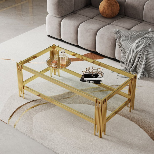 English Elm Top Double Layer Tempered Glass Coffee Table With Stylish Mirror Finish Stainless Steel Frame Design W1241S00316-GIGA