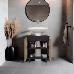 English Elm Under Sink Storage Cabinet with 2 Doors and Shelves — Sleek Oak & Black Wengue Finish for Bathrooms Natural+Black 27.56 L x 25.59 W x 5.12 H B097P395898