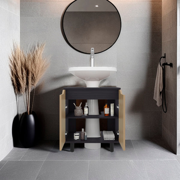 English Elm Under Sink Storage Cabinet with 2 Doors and Shelves — Sleek Oak & Black Wengue Finish for Bathrooms Natural+Black 27.56 L x 25.59 W x 5.12 H B097P395898