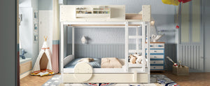English Elm Full Bunk Bed with Trundle Bookshelf Storage Pine Frame Car Design for Kids Beige+White W1580S00444