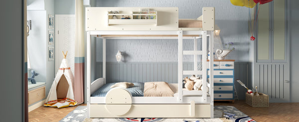 English Elm Full Bunk Bed with Trundle Bookshelf Storage Pine Frame Car Design for Kids Beige+White W1580S00444