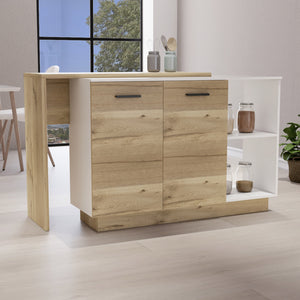 English Elm Kitchen Island With Double Door Cabinets, Two Open Shelves, Modern White & Light Oak Design Upgrade B097S00156