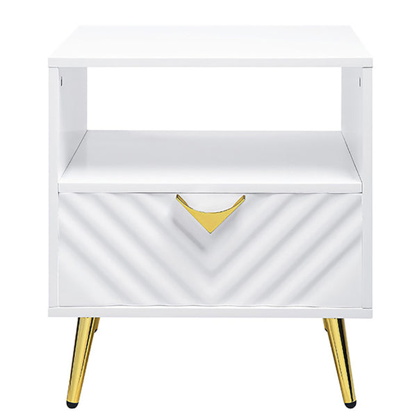 English Elm White High Gloss Modern End Table with Drawer & Open Shelf, Metal Legs, Smooth 2/3 Extension Glide (White) B062P189207