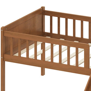 English Elm Twin Platform Kids Bed with Slide Ladder Guardrails Storage Shelf Wood Frame Walnut N733S415411M