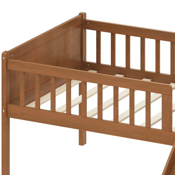 English Elm Twin Platform Kids Bed with Slide Ladder Guardrails Storage Shelf Wood Frame Walnut N733S415411M