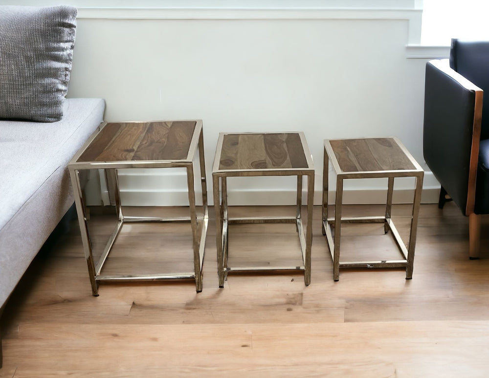 Homeroots Set Of Three 21" Silver And Brown Solid Wood Nested Tables   387689
