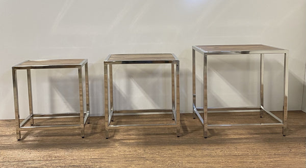 Homeroots Set Of Three 21" Silver And Brown Solid Wood Nested Tables   387689