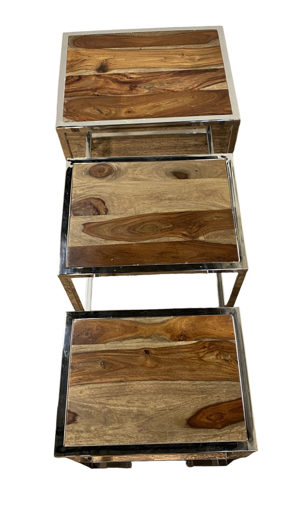 Homeroots Set Of Three 21" Silver And Brown Solid Wood Nested Tables   387689
