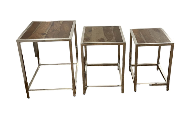 Homeroots Set Of Three 21" Silver And Brown Solid Wood Nested Tables   387689
