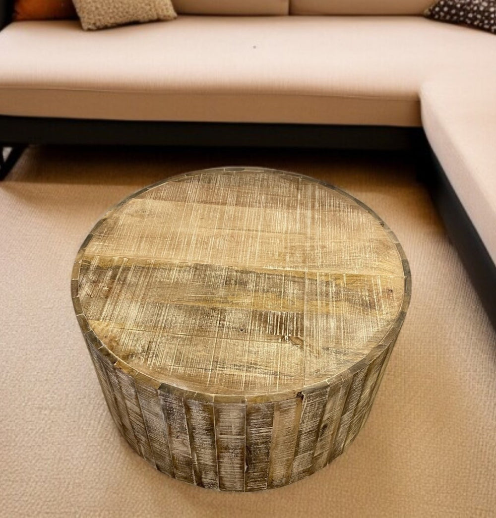 HomeRoots 32" Rustic Brown Solid Wood Round Drum Coffee Table - Distressed Finish, Artisanal Design, No Assembly 387693