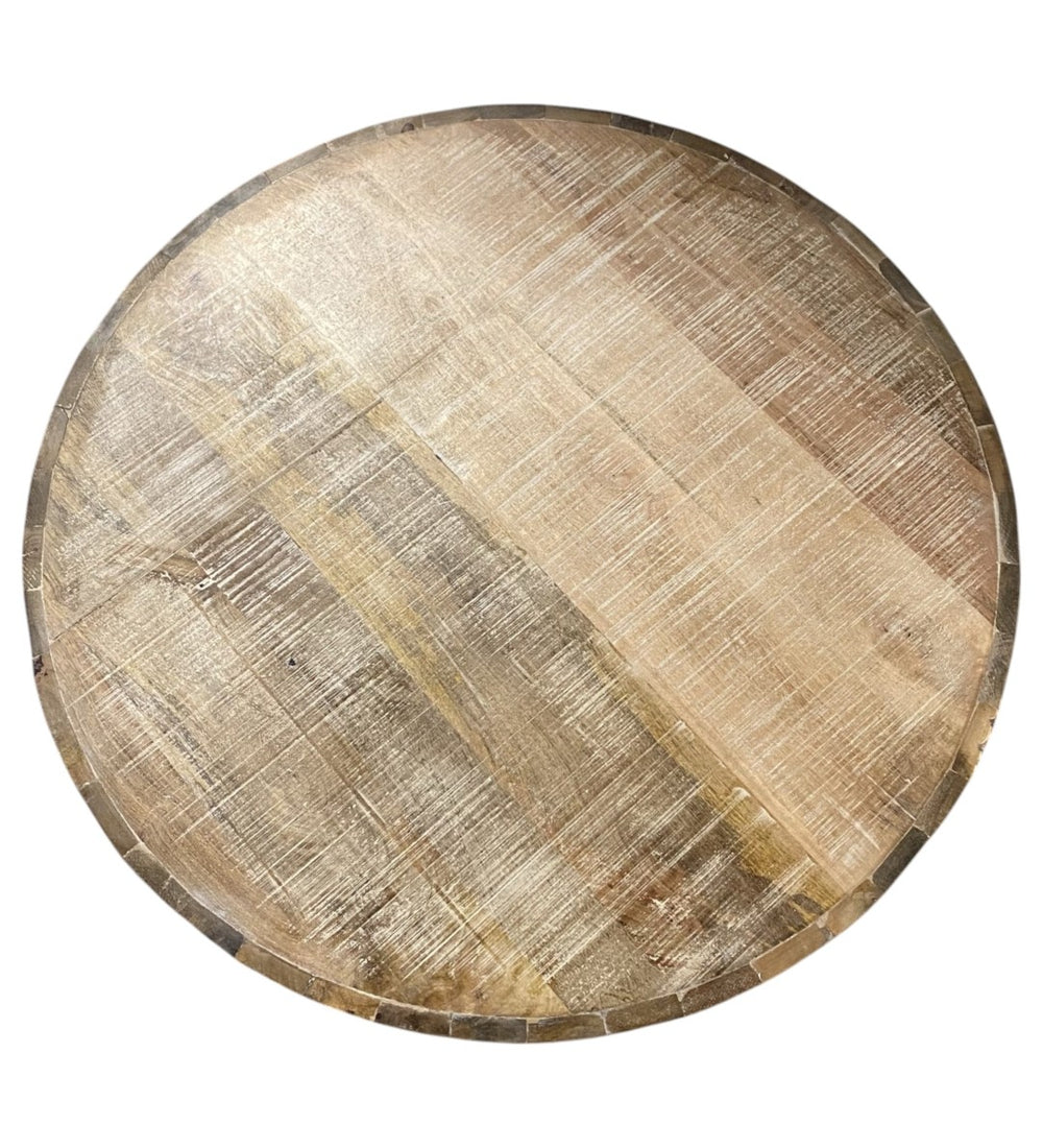 HomeRoots 32" Rustic Brown Solid Wood Round Drum Coffee Table - Distressed Finish, Artisanal Design, No Assembly 387693