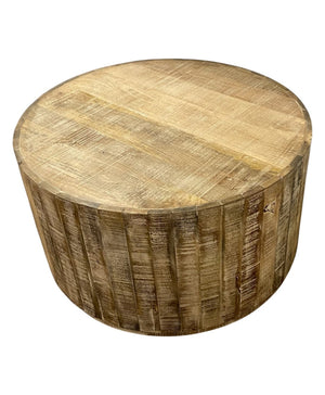 HomeRoots 32" Rustic Brown Solid Wood Round Drum Coffee Table - Distressed Finish, Artisanal Design, No Assembly 387693