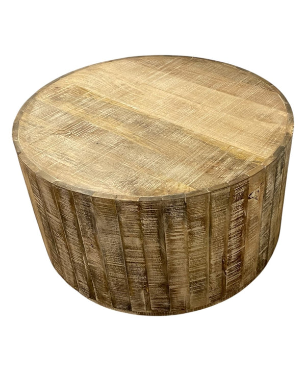 HomeRoots 32" Rustic Brown Solid Wood Round Drum Coffee Table - Distressed Finish, Artisanal Design, No Assembly 387693