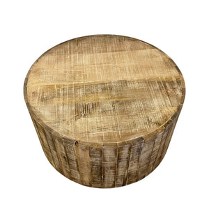 HomeRoots 32" Rustic Brown Solid Wood Round Drum Coffee Table - Distressed Finish, Artisanal Design, No Assembly 387693