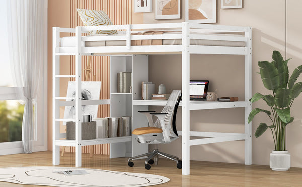 English Elm Full Size Loft Bed With Under-Bed Desk & Multifunction Shelves - Space-Saving White Design For Teens N7090005004K