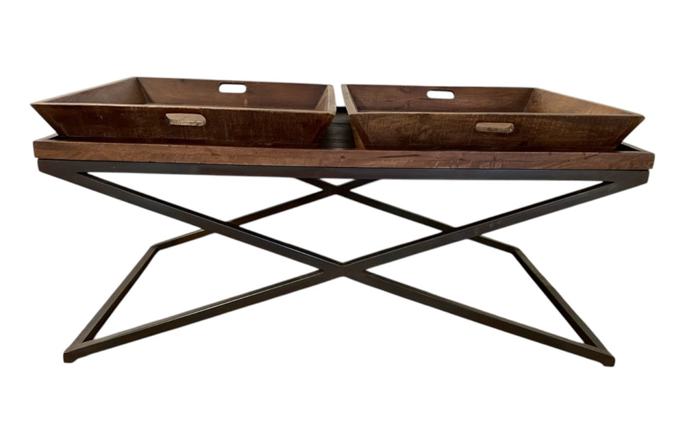 HomeRoots 27" Rustic Solid Wood Coffee Table with Removable Tray Top and Black Cross-Leg Base for Versatile Living 387716