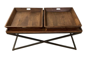HomeRoots 27" Rustic Solid Wood Coffee Table with Removable Tray Top and Black Cross-Leg Base for Versatile Living 387716