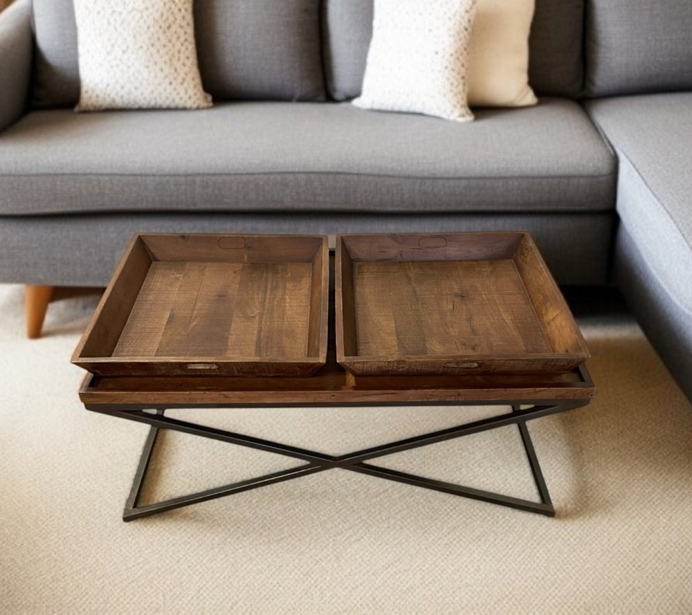 HomeRoots 27" Rustic Solid Wood Coffee Table with Removable Tray Top and Black Cross-Leg Base for Versatile Living 387716