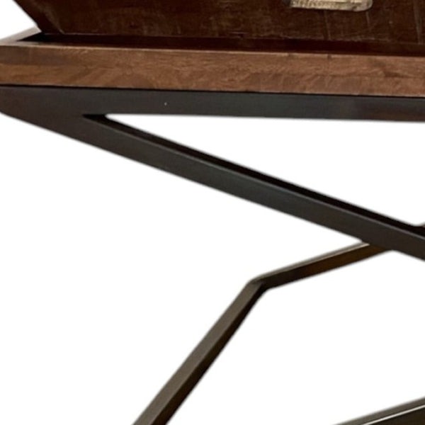 HomeRoots 27" Rustic Solid Wood Coffee Table with Removable Tray Top and Black Cross-Leg Base for Versatile Living 387716