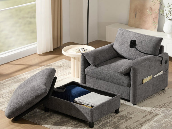 English Elm 38" Chenille Chaise Lounge with Storage Ottoman Usb Charging and Armrest Pockets N723P303462E