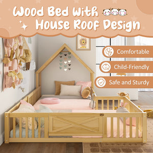 English Elm Full Full Size House Floor Bed with Door & Guardrails, Solid Wood Playful Design for Kids, Safe and Durable Natural W1580P327131