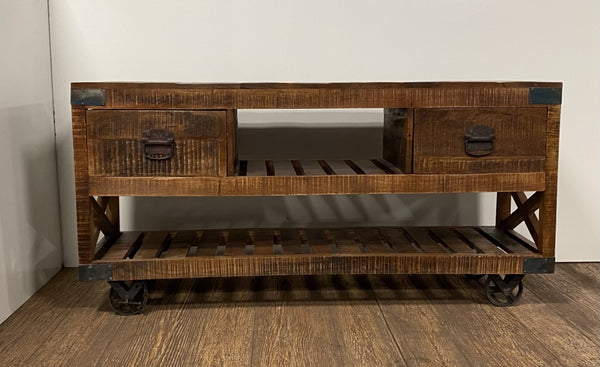 Homeroots 18" Brown And Black Solid Wood Distressed Wheel Console Table With Shelves And Drawers   387800