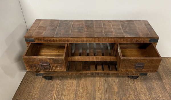 Homeroots 18" Brown And Black Solid Wood Distressed Wheel Console Table With Shelves And Drawers   387800