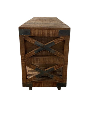 HomeRoots 18" Rustic Brown and Black Solid Wood Console Table with Wheels, Drawers, and Open Shelves for Storage 387800