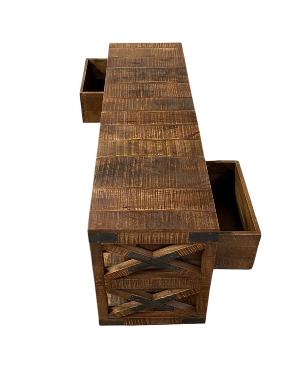 HomeRoots 18" Rustic Brown and Black Solid Wood Console Table with Wheels, Drawers, and Open Shelves for Storage 387800