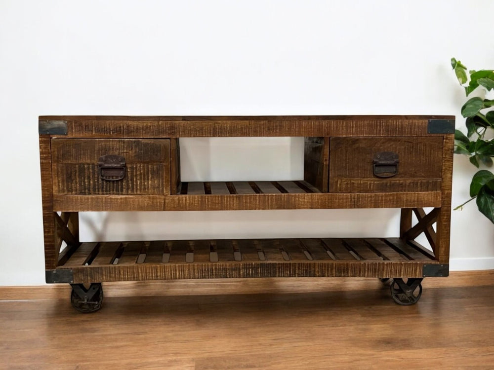 HomeRoots 18" Rustic Brown and Black Solid Wood Console Table with Wheels, Drawers, and Open Shelves for Storage 387800