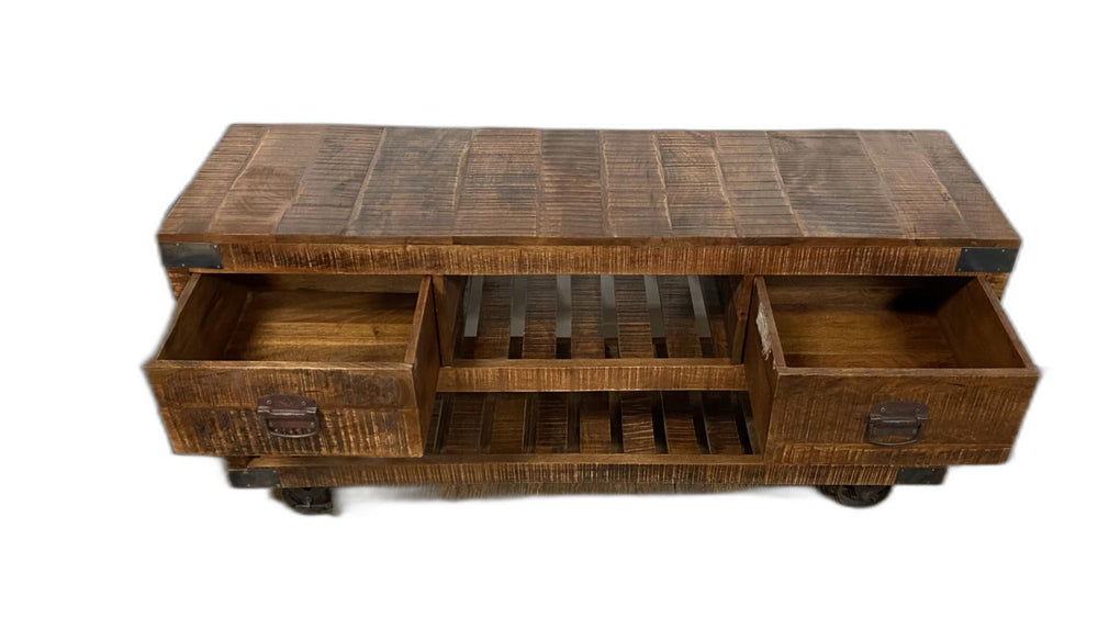 Homeroots 18" Brown And Black Solid Wood Distressed Wheel Console Table With Shelves And Drawers   387800