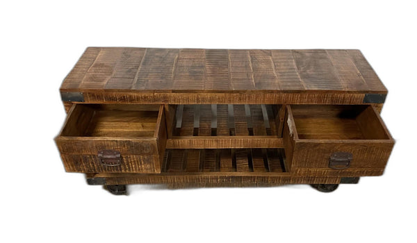 Homeroots 18" Brown And Black Solid Wood Distressed Wheel Console Table With Shelves And Drawers   387800