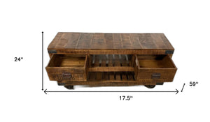 Homeroots 18" Brown And Black Solid Wood Distressed Wheel Console Table With Shelves And Drawers   387800